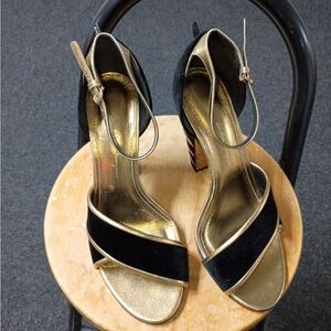 Ferragamo Gold & Black Strappy Block Heel Sandals